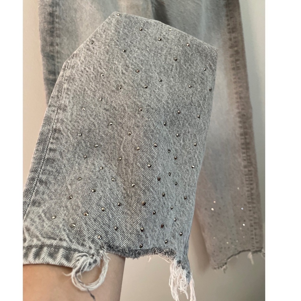 AE Rhinestoned Super High-Waist Baggy-Straight Glacier Gray Raw Hem Strigid Jean - Picture 10 of 16